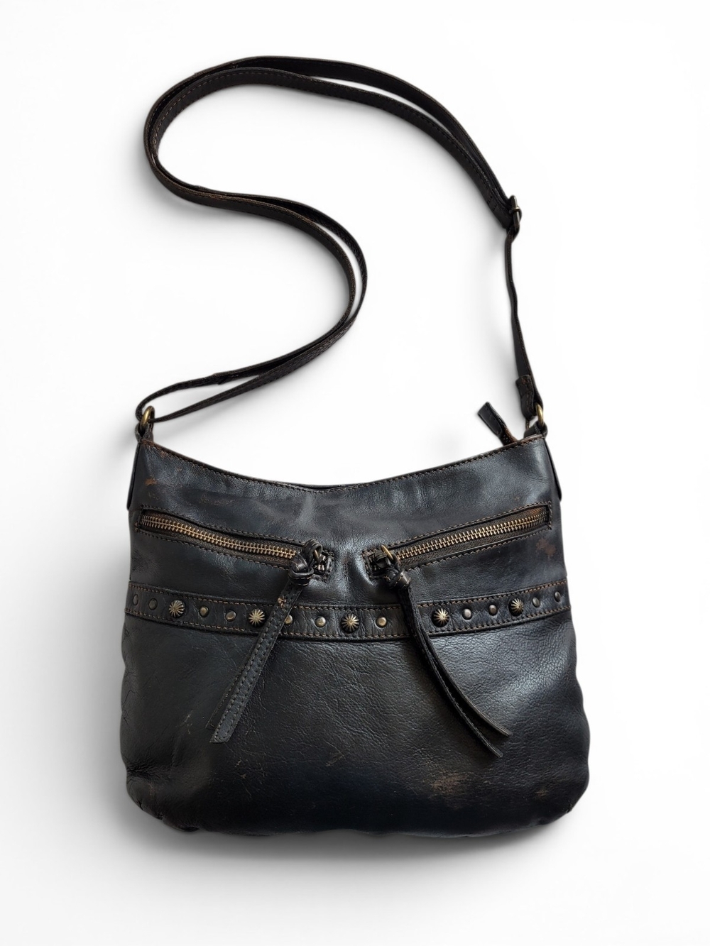Vintage Y2K Boho Black Leather Crossbody Brass Studs Distressed Look